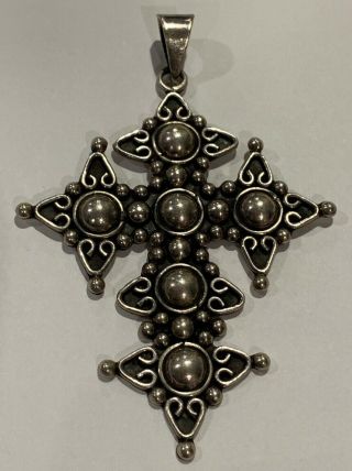 LARGE Vintage Mexico Taxco Sterling Silver Navajo Concho Ball Bead Cross Pendant 3