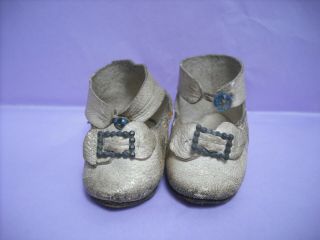PAIR FRENCH ANTIQUE DOLL ' S LEATHER SHOES MARKED LP 8 2