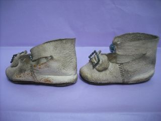 PAIR FRENCH ANTIQUE DOLL ' S LEATHER SHOES MARKED LP 8 3