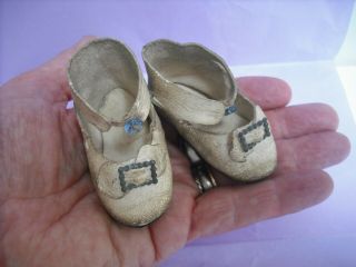 PAIR FRENCH ANTIQUE DOLL ' S LEATHER SHOES MARKED LP 8 7