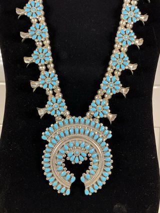 Vintage Squash Blossom Silver Native American Navajo Turquoise Necklace 125 Gram