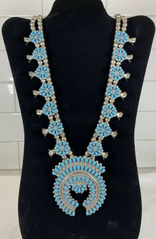 Vintage Squash Blossom Silver Native American Navajo Turquoise Necklace 125 Gram 2