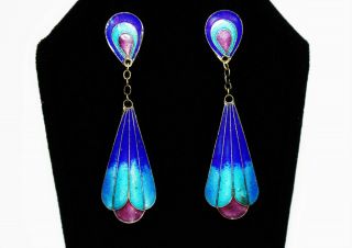 Stunning Vtg Chinese Export Sterling & Enamel Cloissone Peacock Feather Earrings