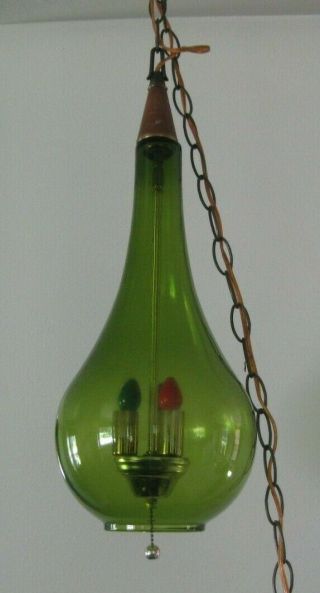 Vintage Green Glass Mid Century Retro Hanging Swag Lamp Light