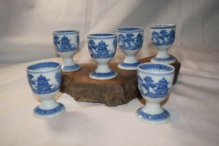 6 Vintage Chinese Blue And White Egg Cups Or Sake Wine Cups