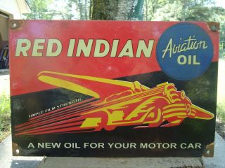 Vintage 1949 Red Indian Motorcycle Aviation Oil Porcelain Advertising Sign.