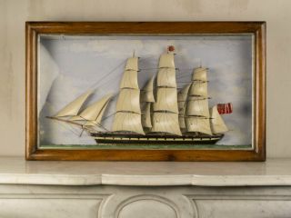 Victorian Hand Painted Diorama Of British Sailing Ship Frame