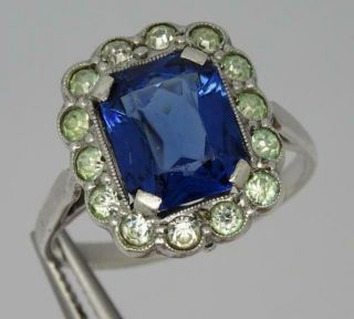 Vintage French Art Deco Silver Blue & White Stone Paste Ring Uk Size Q 1/2