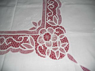 Vintage? STUNNING white cotton TABLECLOTH&6 NAPKINS hand embroidery&lace 3