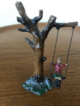 Vintage French France Lead Figure Set Young Boy On Swing From Large Tree