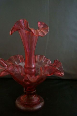 FENTON Vintage Thumb Print Cranberry Ruby Glass 10 ' Single Horn Epergne 2