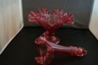 FENTON Vintage Thumb Print Cranberry Ruby Glass 10 ' Single Horn Epergne 3