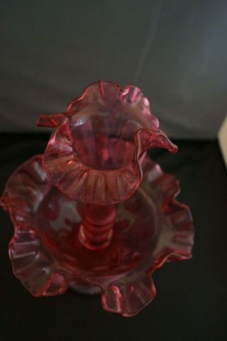 FENTON Vintage Thumb Print Cranberry Ruby Glass 10 ' Single Horn Epergne 4