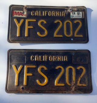 Vintage 1963 California Black & Yellow License Plate Set Ca Yfs 202