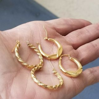 Vintage 2 Pairs 14k 585 Gold Peirced Hoop Earrings 4.  02 grams 4