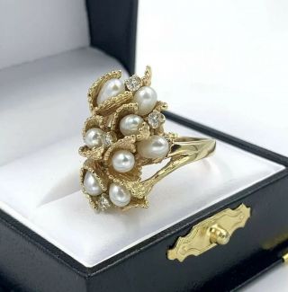 Vintage 14k Yellow Gold Freshwater Pearl And Diamond Ladies Organic Ring