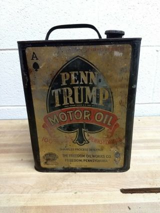 Rare Vintage Penn Trump Motor Oil Can,  2 Gallon,  Dated 1936