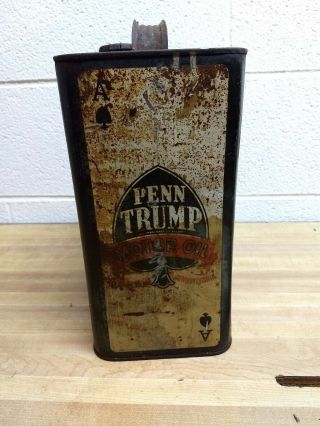 Rare Vintage Penn Trump Motor Oil Can,  2 Gallon,  Dated 1936 2
