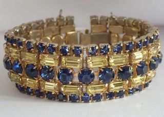 Vintage High End Designer Gold Plate Sapphire Blue Yellow Rhinestone Bracelet