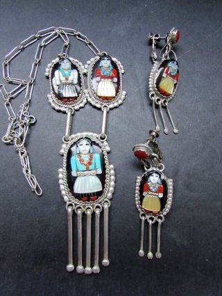 Vtg AUGUSTINE & ROSALIE PINTO (d) Zuni Sterling Mosaic Inlay Necklace & Earrings 7
