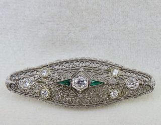Antique Art Deco.  74 Ct.  European Cut Diamonds & Emeralds 14k White Gold Brooch