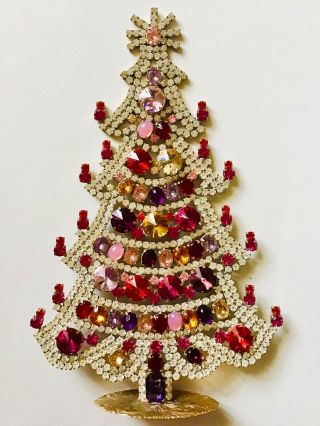 Rhinestone Christmas Tree Stand Czech Vintage Estate Jewellery Handmade Antique