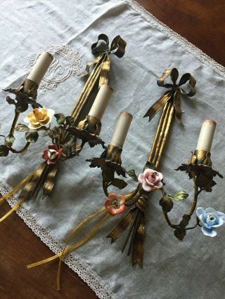 Antique Italian Tole Sconces With Porcelain Flowers