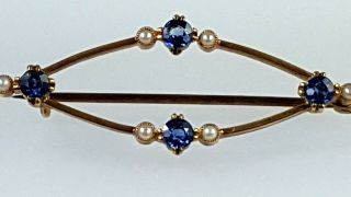 Vintage Antique Victorian Blue Sapphire & Pearl Brooch Stamped 15k Yellow Gold
