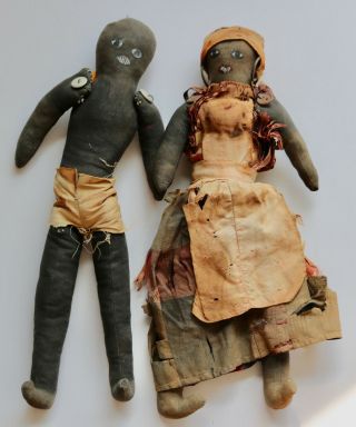 Rare Pair Antique Black Cloth Dolls Vintage Toys
