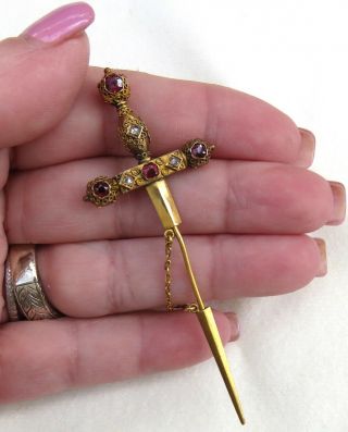 ANTIQUE VICTORIAN ROSE CUT DIAMONDS & RUBIES 18K SWORD & SHEATH STICKPIN BROOCH 12