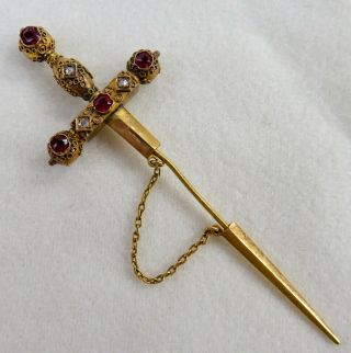 Antique Victorian Rose Cut Diamonds & Rubies 18k Sword & Sheath Stickpin Brooch