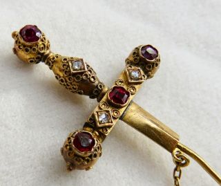 ANTIQUE VICTORIAN ROSE CUT DIAMONDS & RUBIES 18K SWORD & SHEATH STICKPIN BROOCH 2