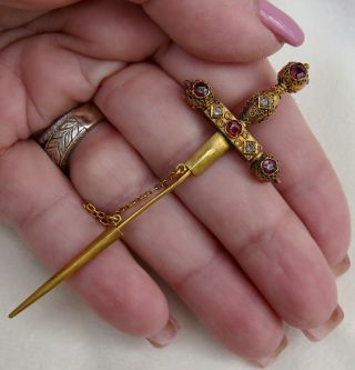 ANTIQUE VICTORIAN ROSE CUT DIAMONDS & RUBIES 18K SWORD & SHEATH STICKPIN BROOCH 4