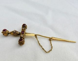 ANTIQUE VICTORIAN ROSE CUT DIAMONDS & RUBIES 18K SWORD & SHEATH STICKPIN BROOCH 7