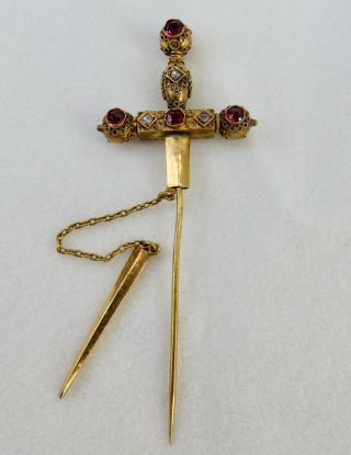 ANTIQUE VICTORIAN ROSE CUT DIAMONDS & RUBIES 18K SWORD & SHEATH STICKPIN BROOCH 8