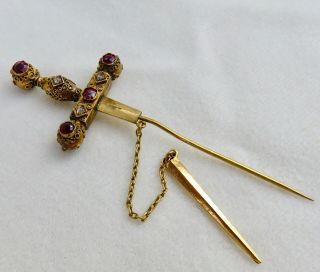 ANTIQUE VICTORIAN ROSE CUT DIAMONDS & RUBIES 18K SWORD & SHEATH STICKPIN BROOCH 9