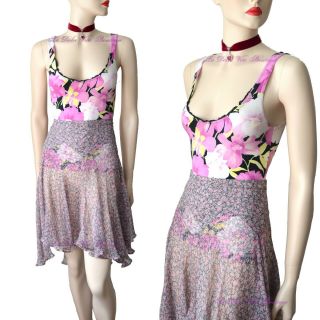 Dolce & Gabbana Vtg 1990s Pink Floral Silk Skirt Top Dress Size Uk 8 Usa 4 40 Dg
