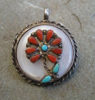 Vintage Mahkee Zuni Sterling Silver Mother Of Pearl,  Turquoise And Coral Pendant