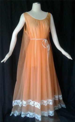 Floaty Val Mode Vintage 1960s Lacy Double Sheer Nylon Negligee Nightgown - Lrg