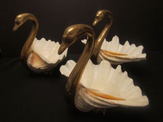 Vintage Maitland - Smith Brass Swan And Shell Dish Décor Set Of 3