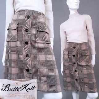 L/xl Vintage 1960s Butte Knit Beige Brown Plaid Beige Mini Dress Pockets Mod 60s