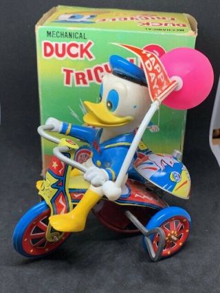 Vintage Disney Donald Duck Happy Days Windup Tricycle Tin Toy,