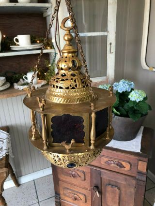 Vintage Brass Filigree Jeweled Asian Hanging Swag Light Fixture Colored Glass
