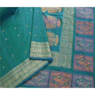 Sanskriti Vintage Green Heavy Saree 100 Pure Silk Craft 5 Yd Fabric Woven Sari