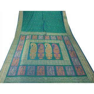 Sanskriti Vintage Green Heavy Saree 100 Pure Silk Craft 5 Yd Fabric Woven Sari 4