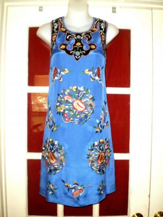 Stunning Vintage Chinese Blue Silk Dress W/embroidered Floral Roundels Sz 10