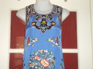 Stunning Vintage Chinese Blue Silk Dress w/Embroidered Floral Roundels Sz 10 2