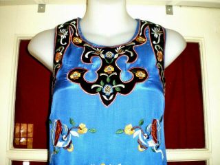 Stunning Vintage Chinese Blue Silk Dress w/Embroidered Floral Roundels Sz 10 3