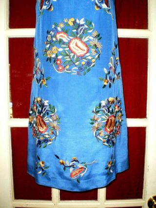 Stunning Vintage Chinese Blue Silk Dress w/Embroidered Floral Roundels Sz 10 4