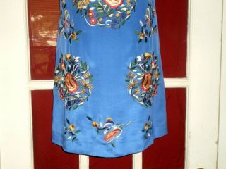Stunning Vintage Chinese Blue Silk Dress w/Embroidered Floral Roundels Sz 10 5